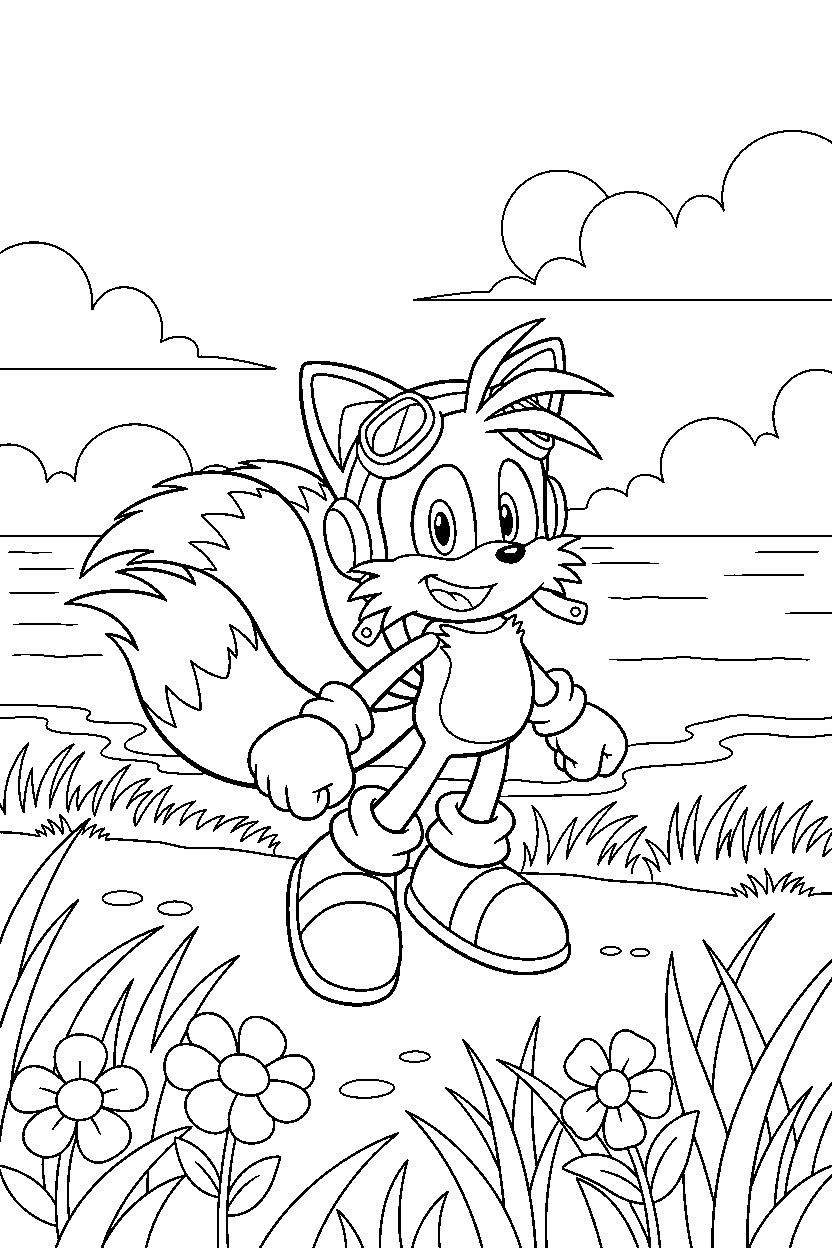 tails from sonic the hedgehog series looking happy in a bright coastal field line art