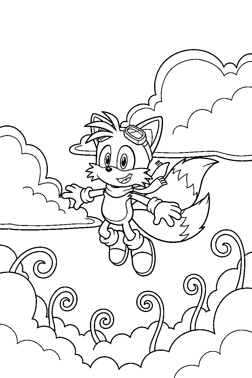 tails from sonic the hedgehog series looking happy in a sky meadow line art