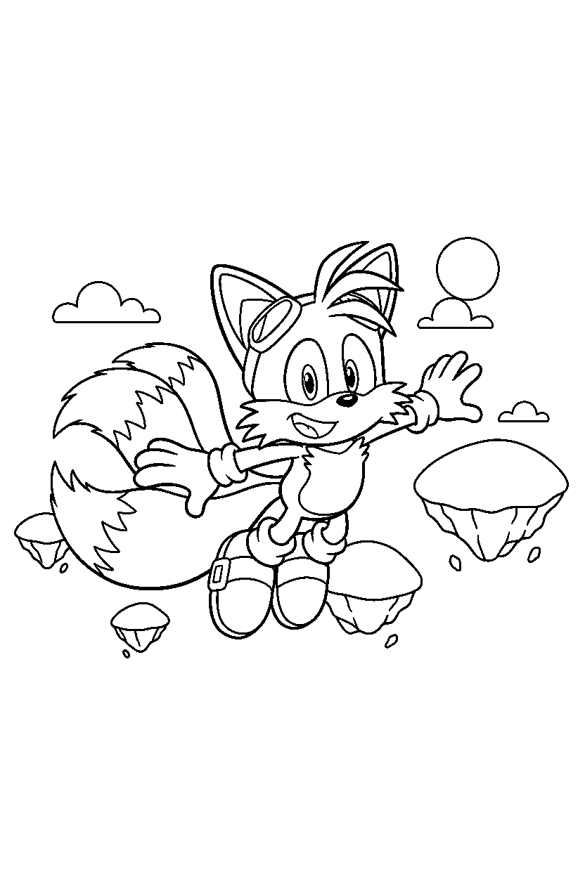 tails from sonic the hedgehog series looking happy near floating hills line art