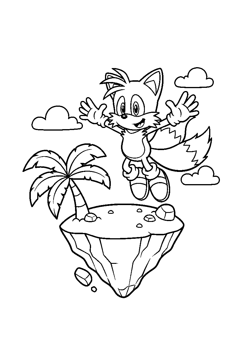 tails from sonic the hedgehog series looking happy on a floating land line art