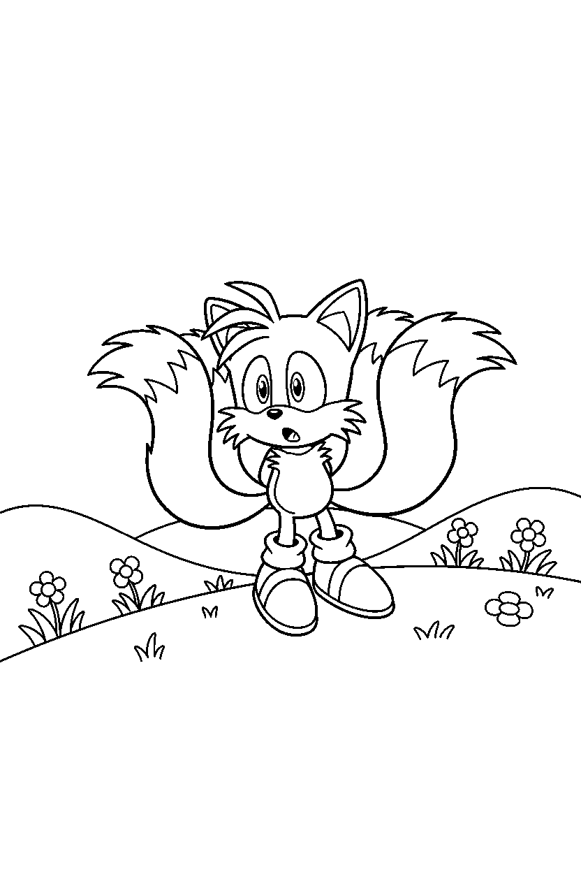 tails from sonic the hedgehog series looking surprised in a hilltop meadow line art