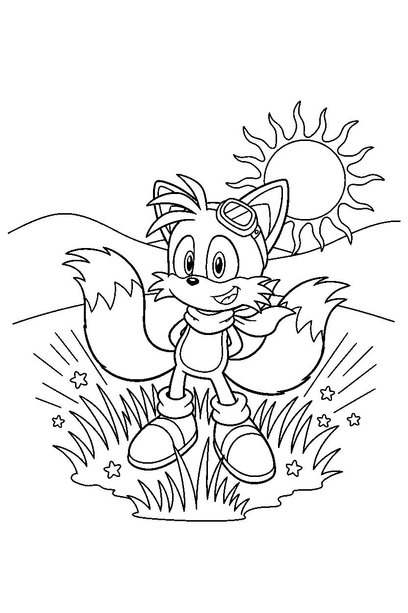 tails from sonic the hedgehog series posing happily in a glowing grassland line art