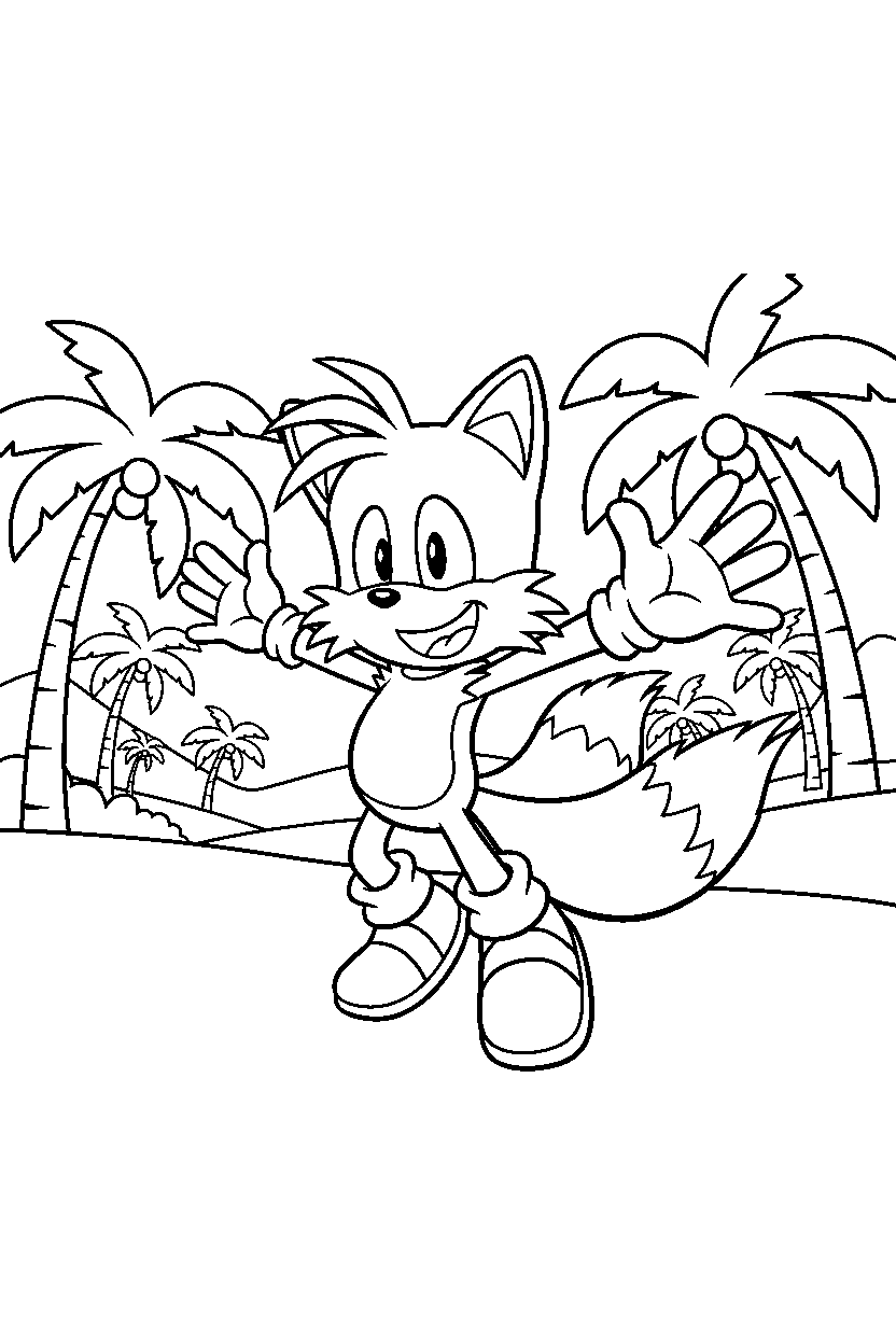 tails from sonic the hedgehog series posing happily in a palm valley line art