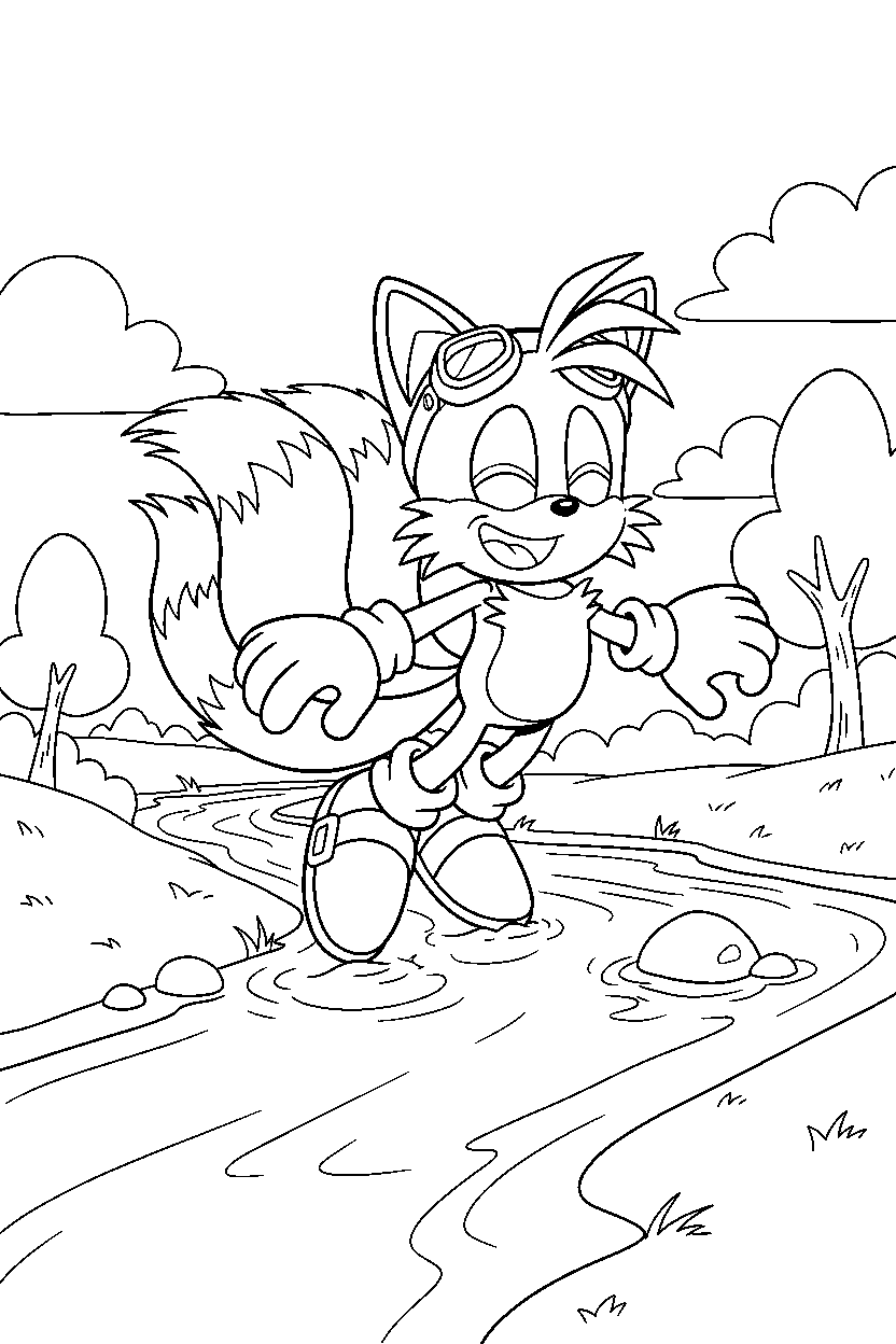 tails from sonic the hedgehog series posing happily near a river line art