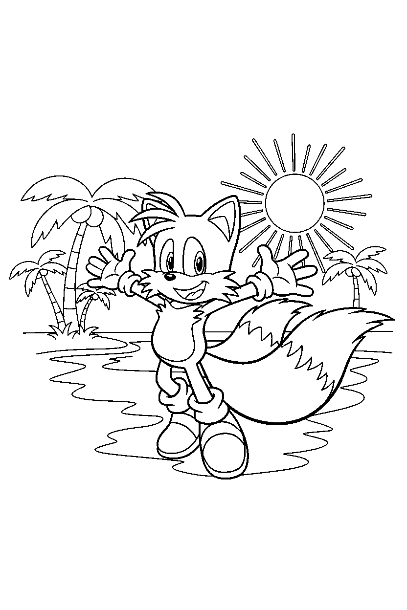 tails from sonic the hedgehog series posing happily near a sunny lagoon line art