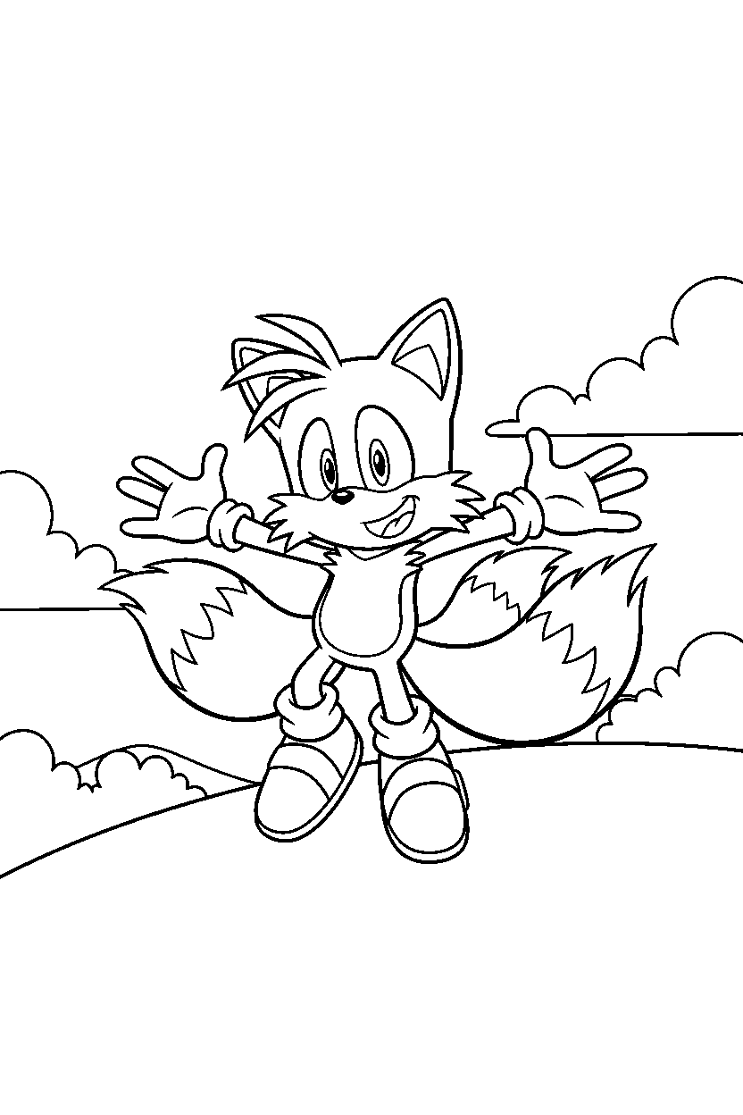 tails from sonic the hedgehog series posing happily on a bright hillside line art