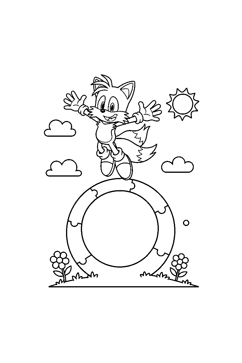 tails from sonic the hedgehog series posing happily on a loop hill path line art