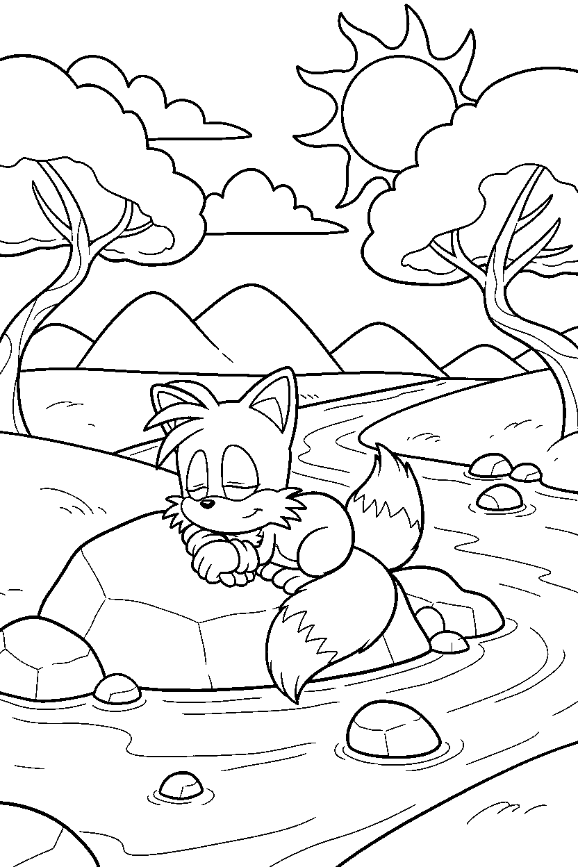 tails from sonic the hedgehog series relaxing peacefully near a river line art