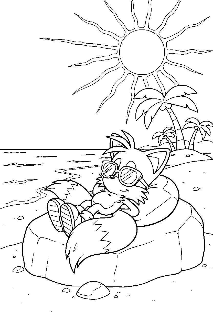 tails from sonic the hedgehog series relaxing peacefully near a sunny coastline line art