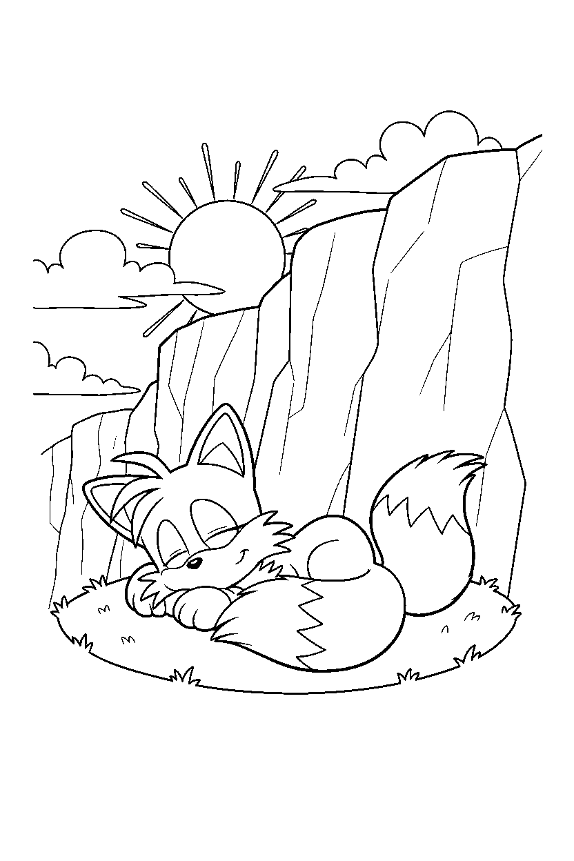 tails from sonic the hedgehog series relaxing peacefully near bright cliffs line art