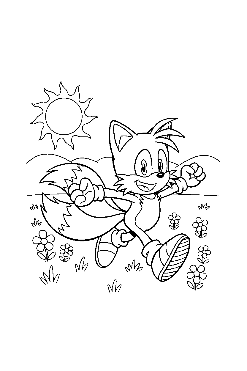 tails from sonic the hedgehog series running happily in a sunny meadow line art