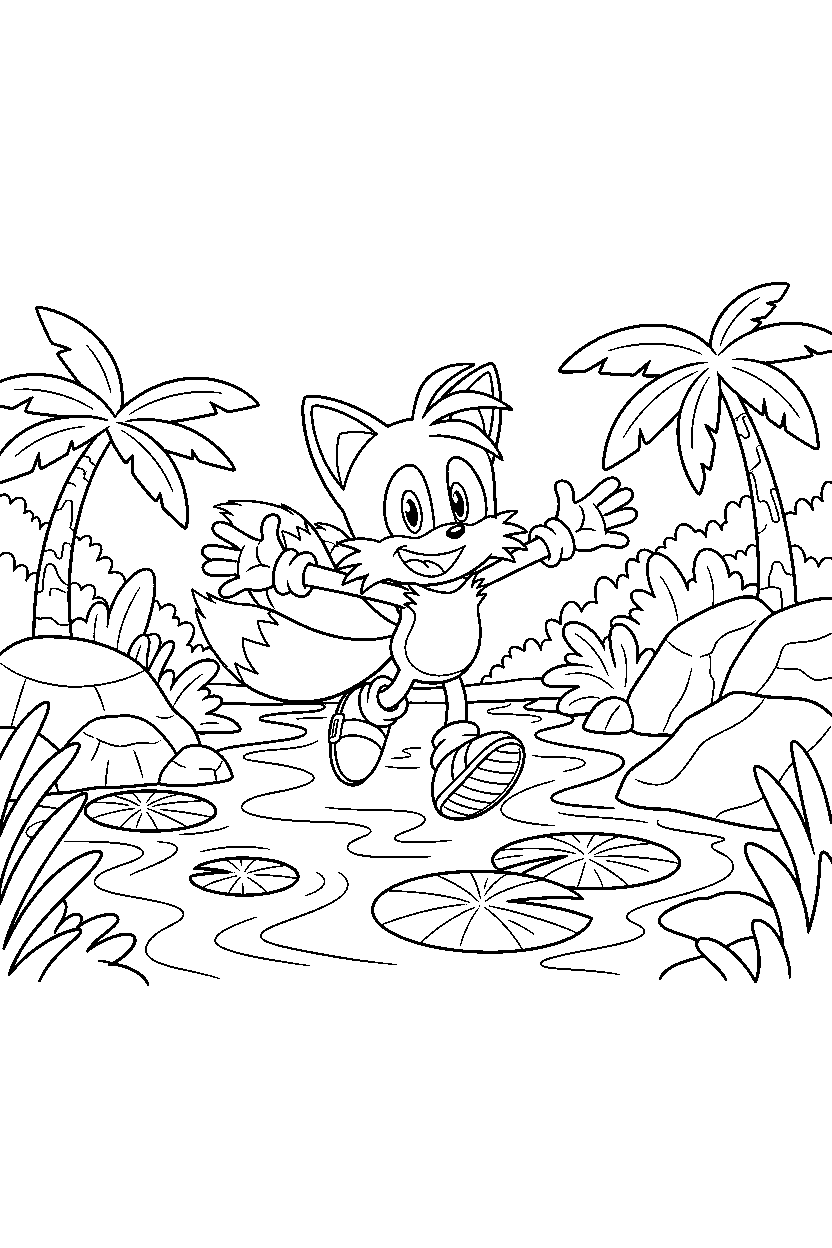 tails from sonic the hedgehog series running happily near a jungle river line art