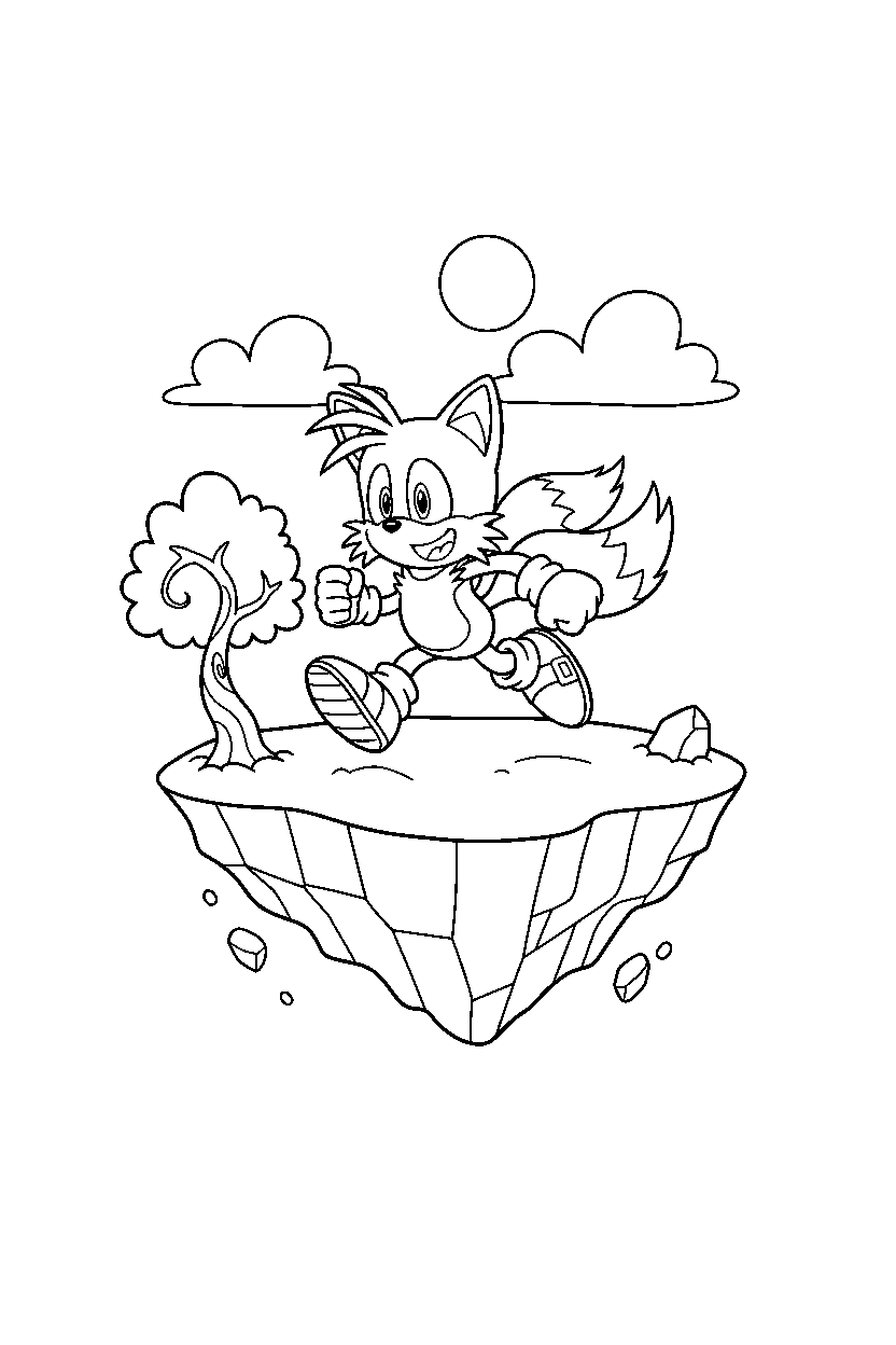 tails from sonic the hedgehog series running happily on a floating land line art