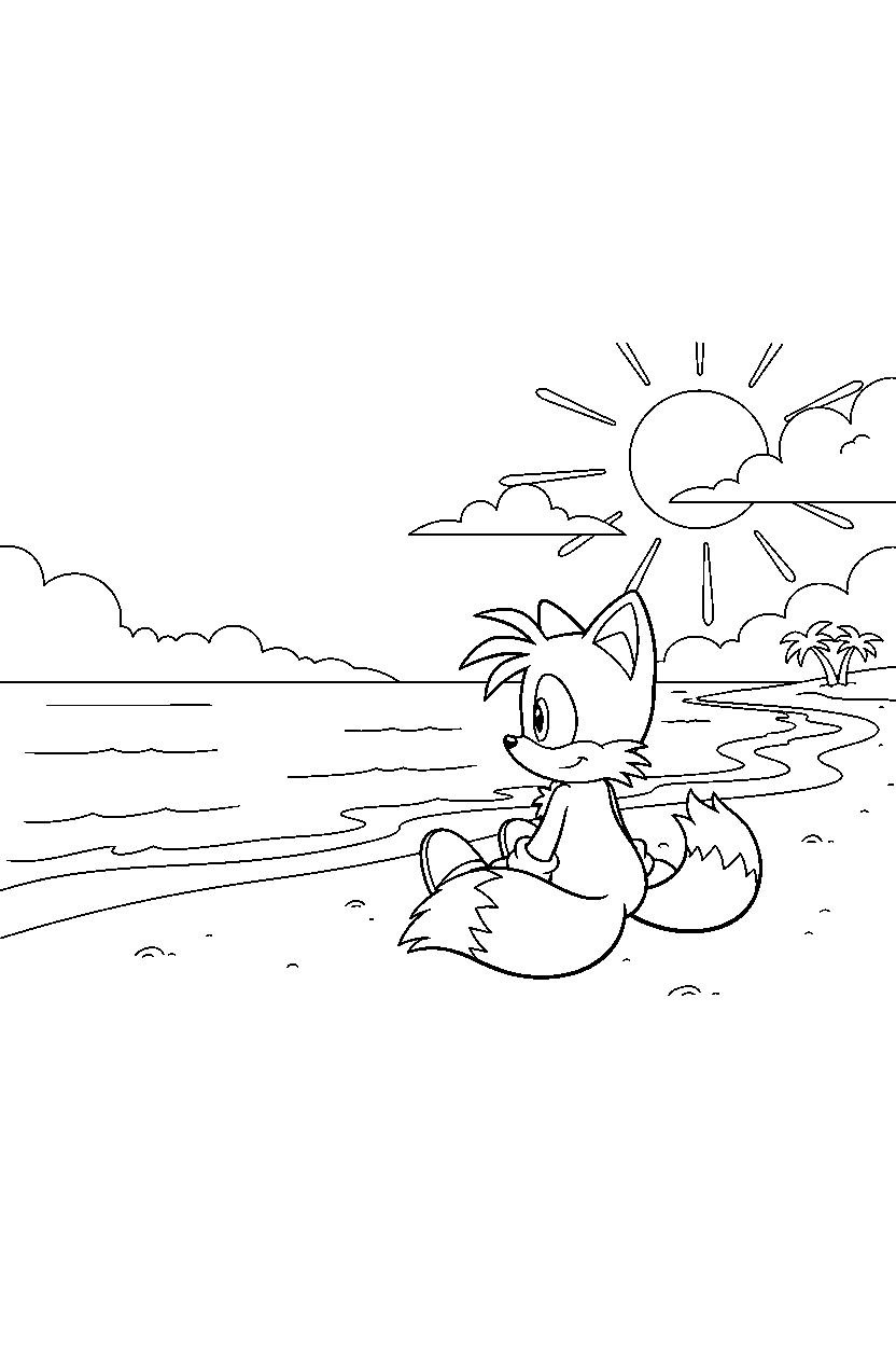 tails from sonic the hedgehog series sitting peacefully near a sunny coastline line art
