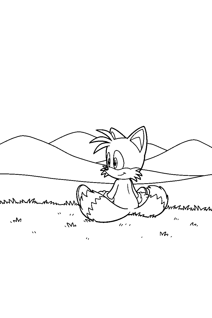 tails from sonic the hedgehog series sitting peacefully near rolling hills line art