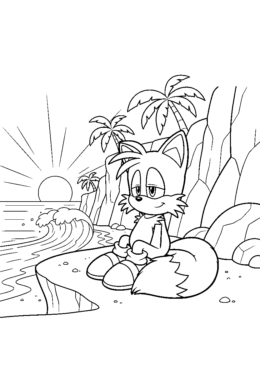 tails from sonic the hedgehog series sitting peacefully near tropical cliffs line art