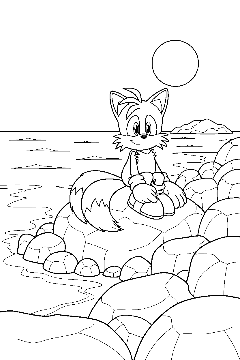 tails from sonic the hedgehog series sitting peacefully on a rocky coast line art
