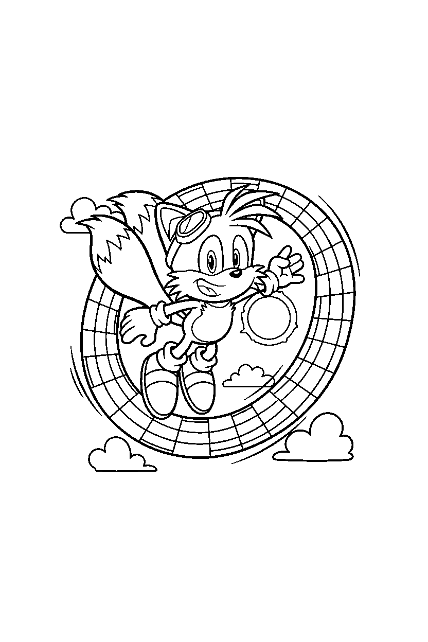 tails from sonic the hedgehog series smiling happily on a loop hill path line art
