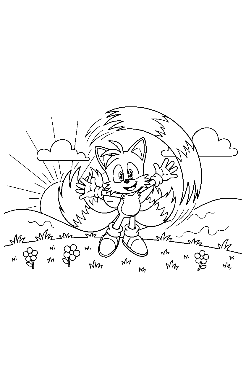 tails from sonic the hedgehog series spinning happily in a hilltop meadow line art
