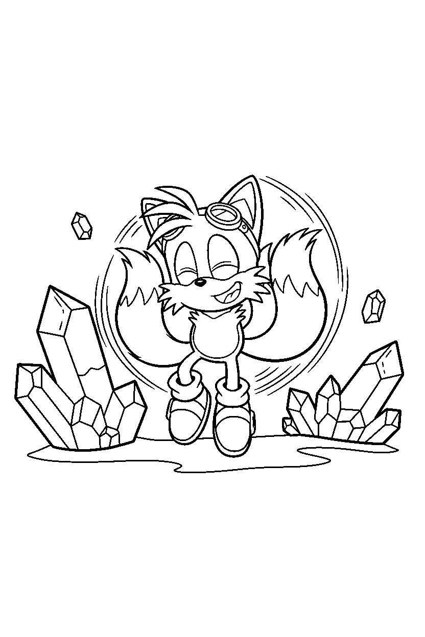 tails from sonic the hedgehog series spinning happily near crystal rocks line art