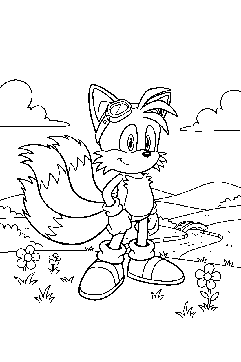 tails from sonic the hedgehog series standing bravely in a peaceful grassland line art