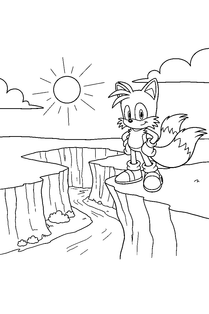 tails from sonic the hedgehog series standing bravely near a green canyon line art
