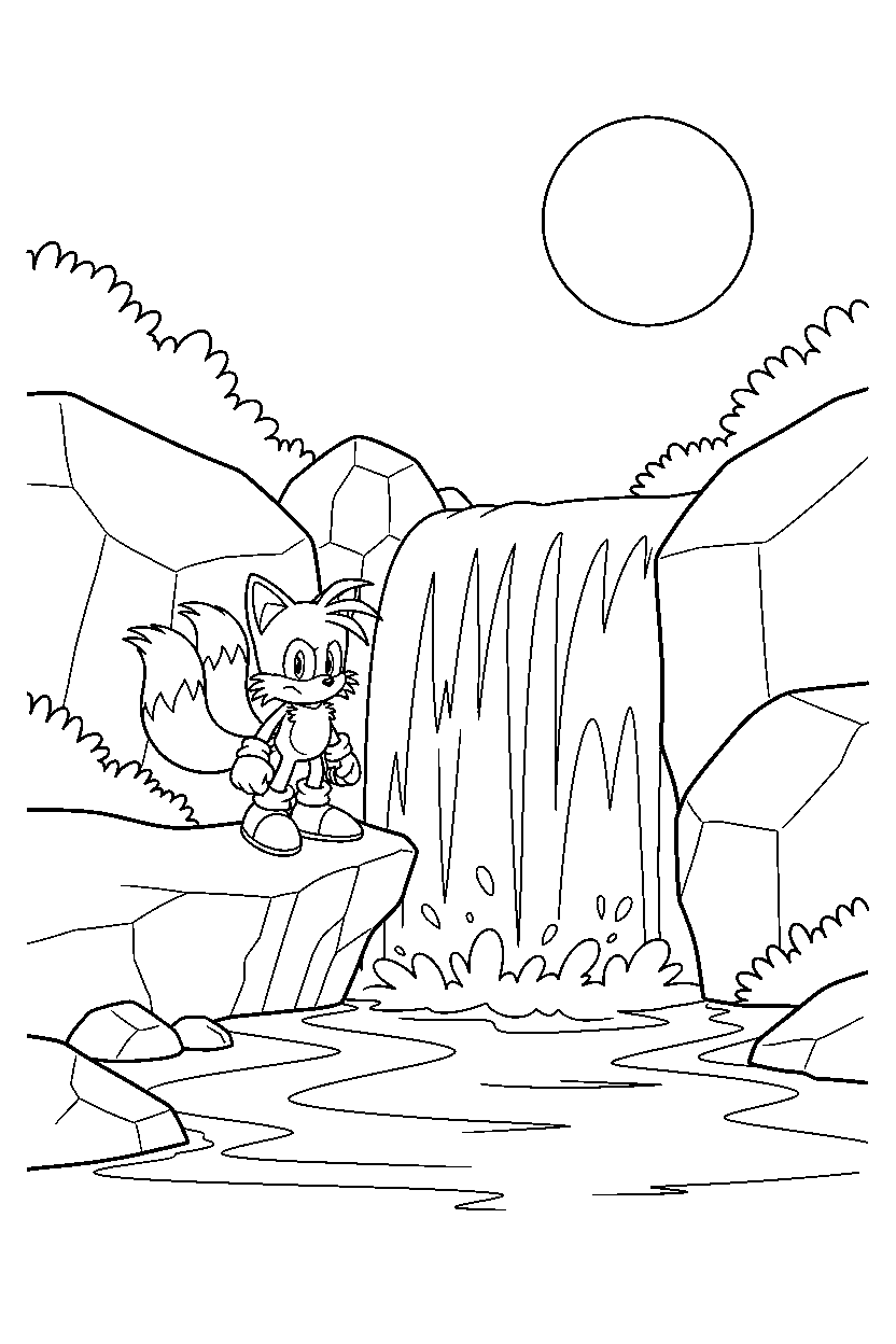 tails from sonic the hedgehog series standing bravely near a waterfall line art