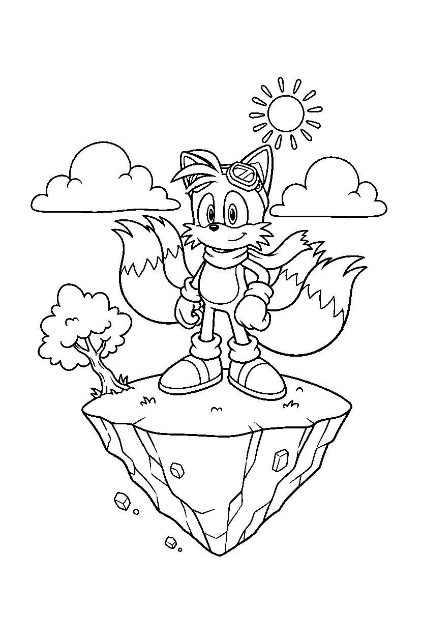 tails from sonic the hedgehog series standing bravely on a floating hilltop line art