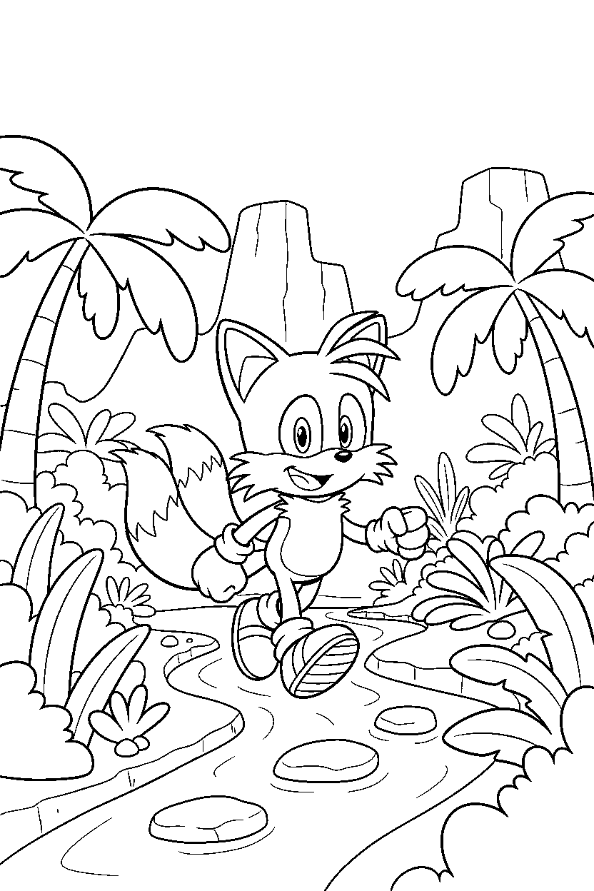 tails from sonic the hedgehog series walking happily in a jungle valley line art