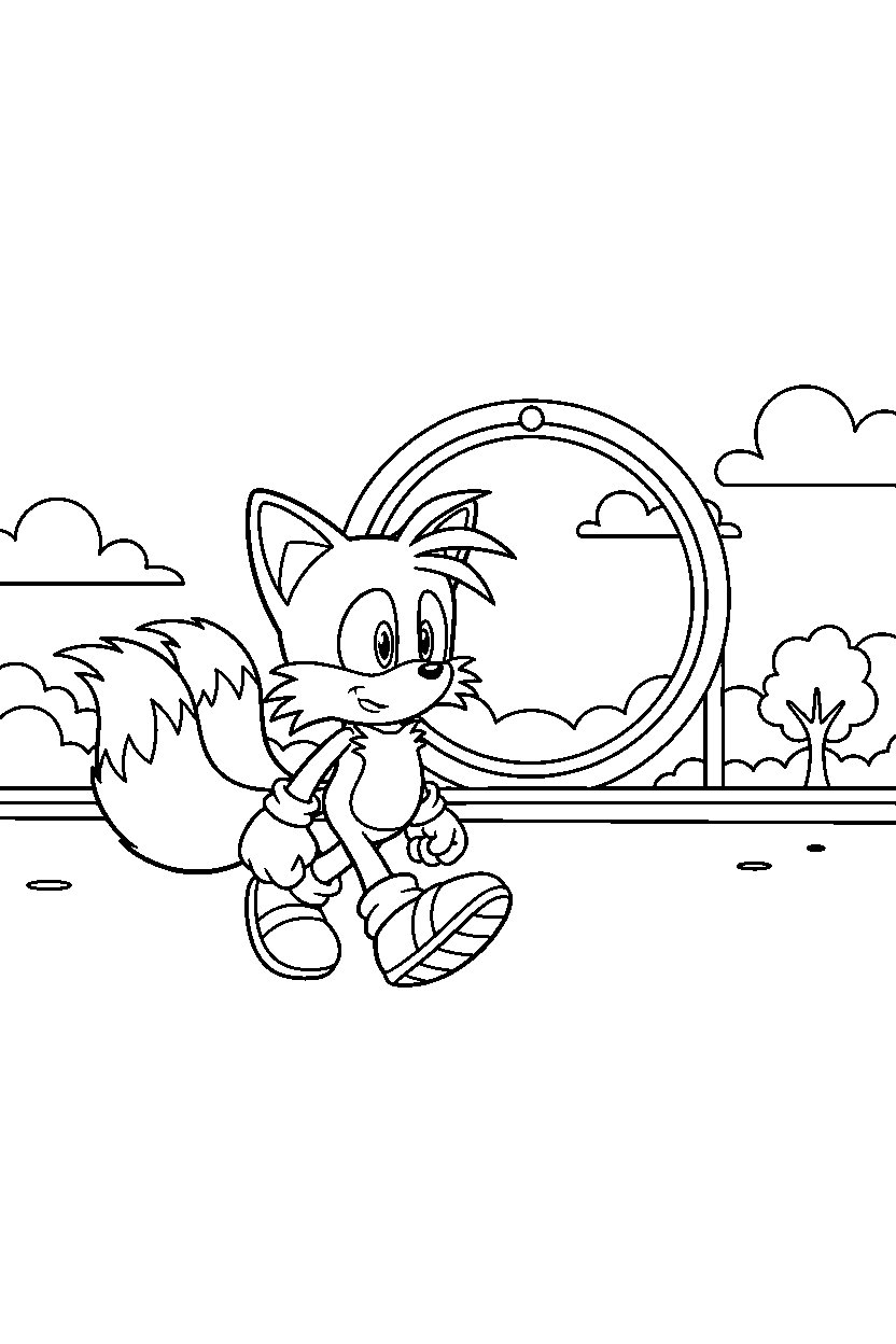 tails from sonic the hedgehog series walking happily near a loop hill line art