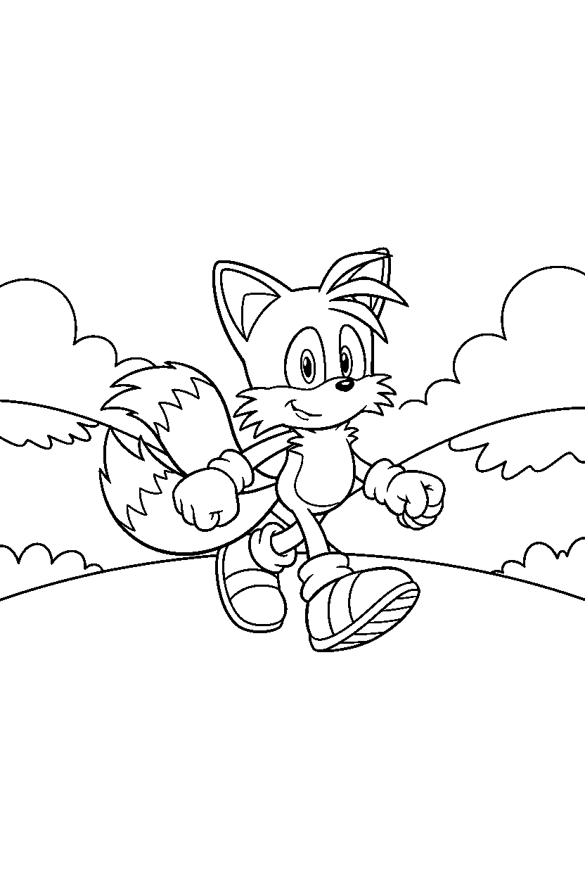 tails from sonic the hedgehog series walking happily near rolling hills line art