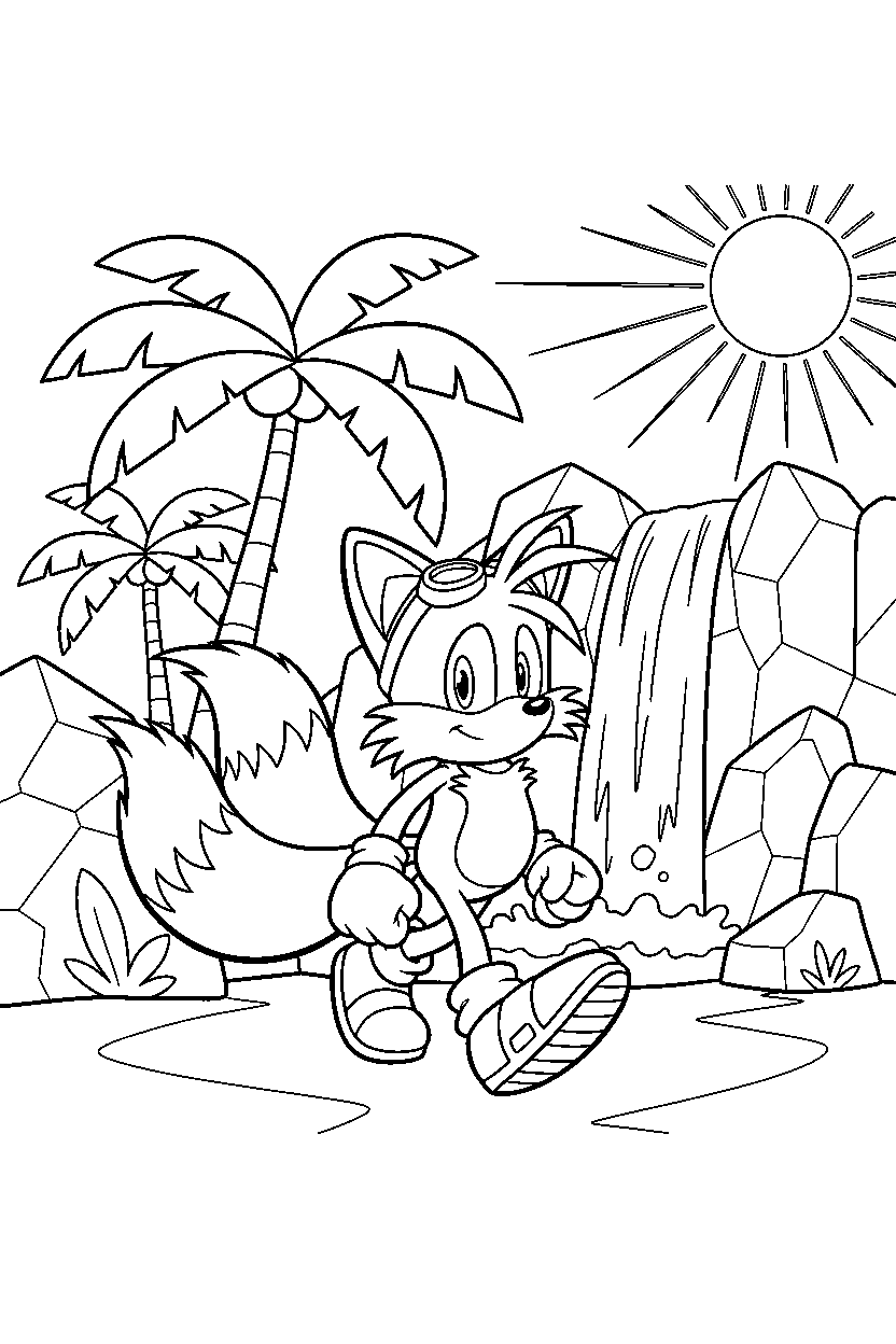 tails from sonic the hedgehog series walking proudly in a bright island zone line art