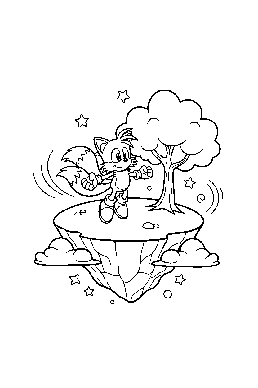 tails from sonic the hedgehog series waving happily on a floating land line art