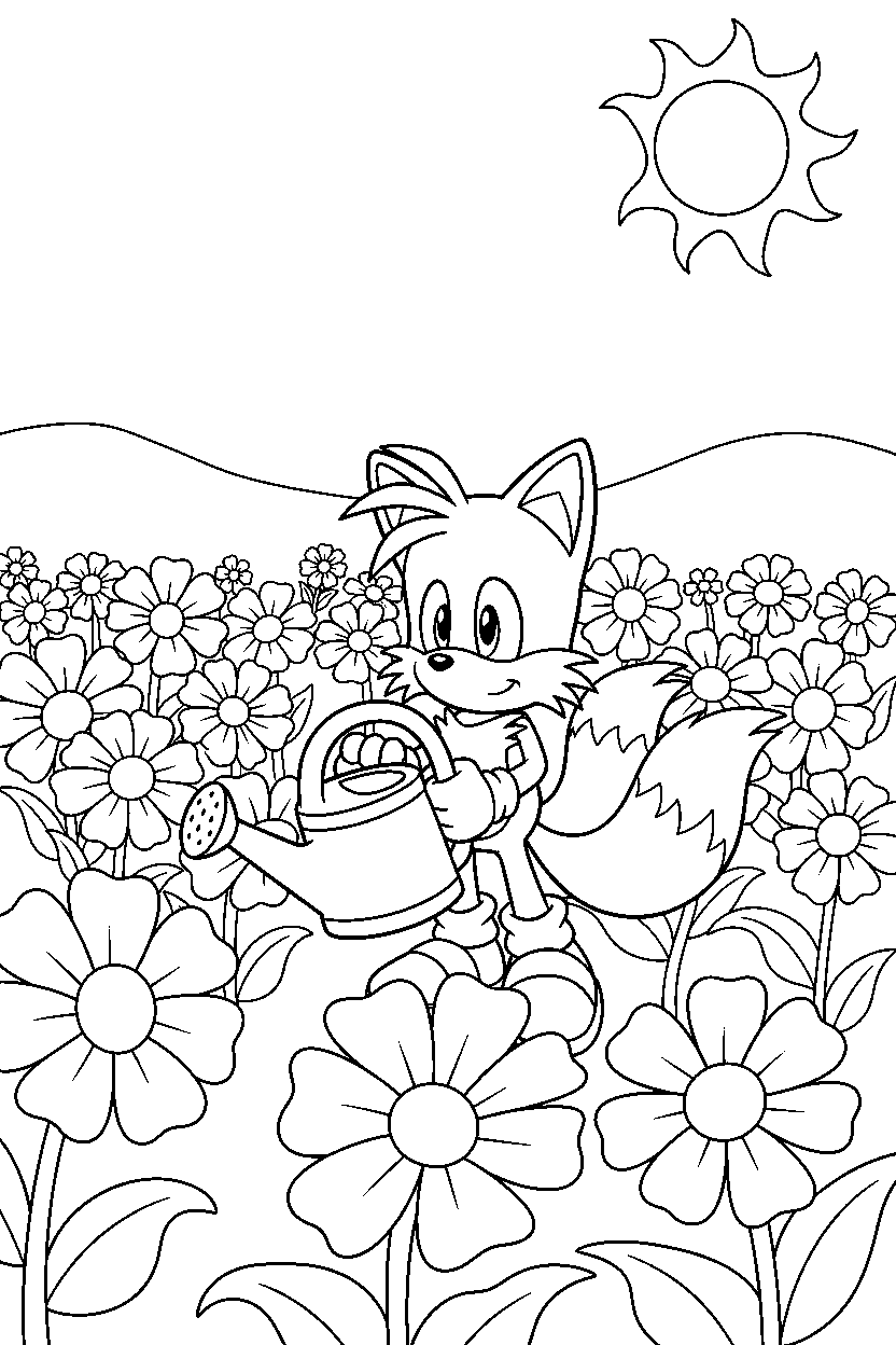 tails holding an item in a flower field line art