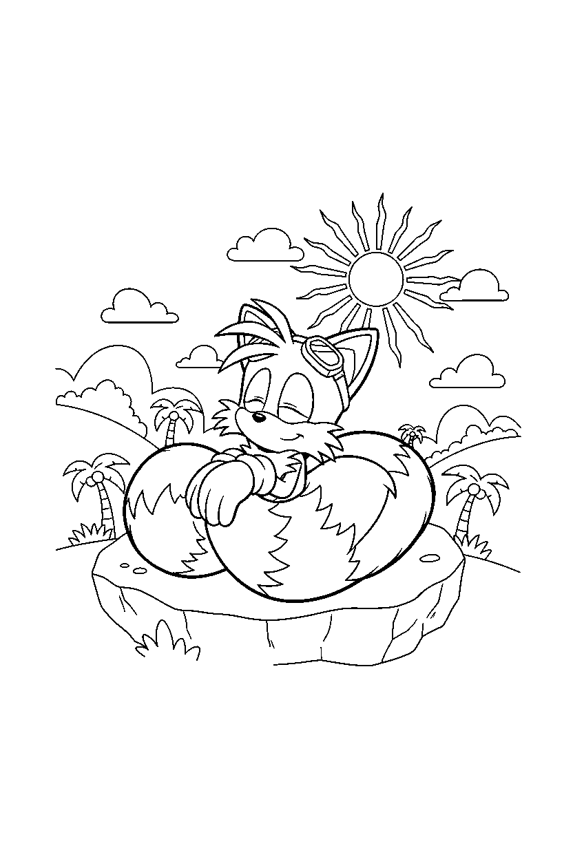 tails relaxing peacefully in a sunny adventure zone line art