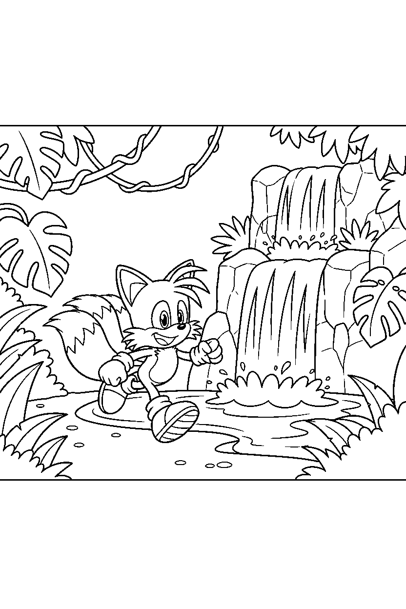 tails running happily near jungle waterfalls line art