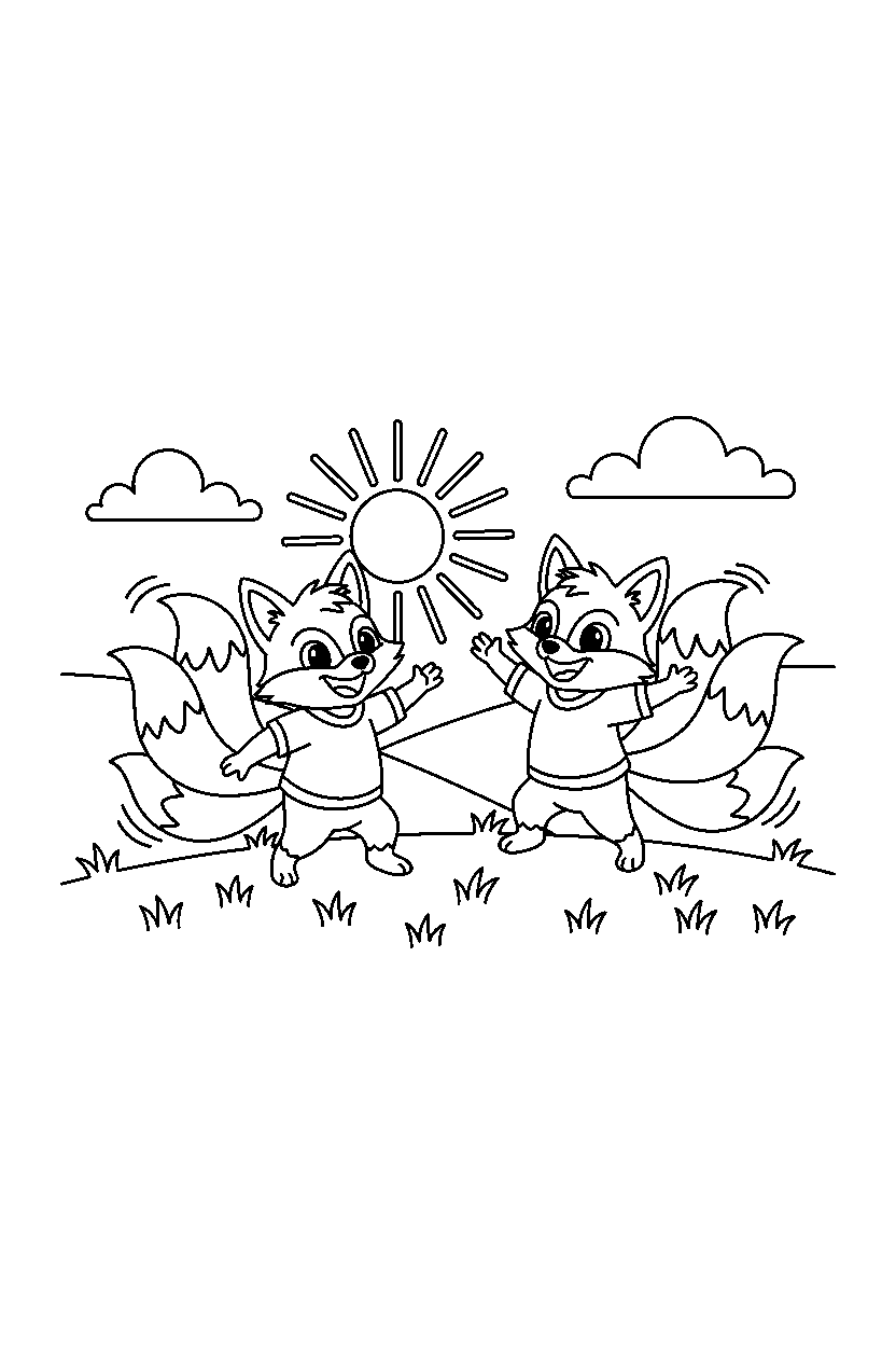 tails spinning happily in a grassy valley line art