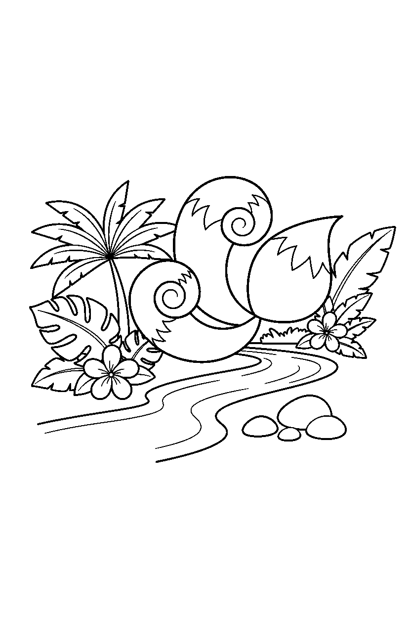 tails spinning happily near a jungle river line art