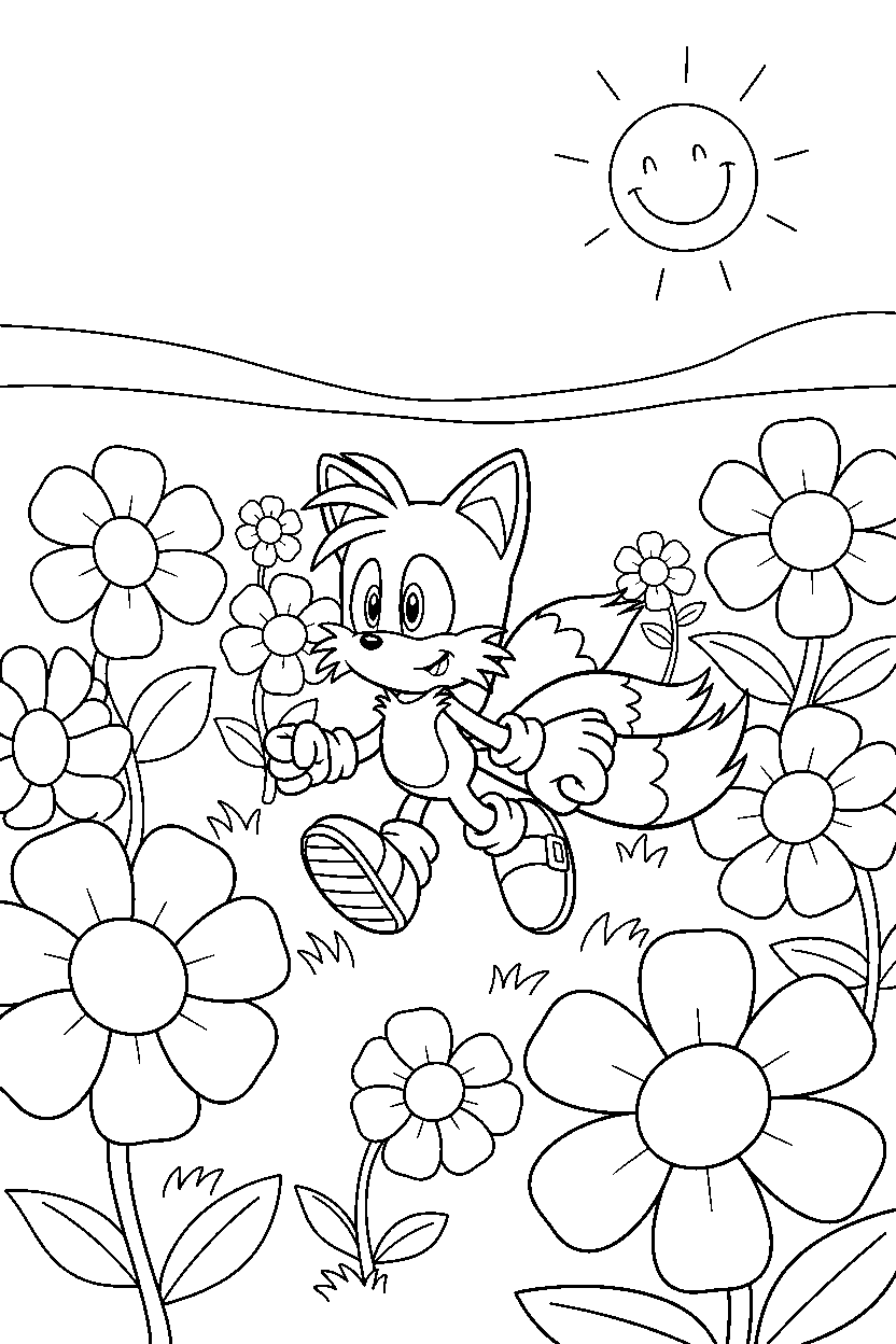 tails walking happily in a flower field line art