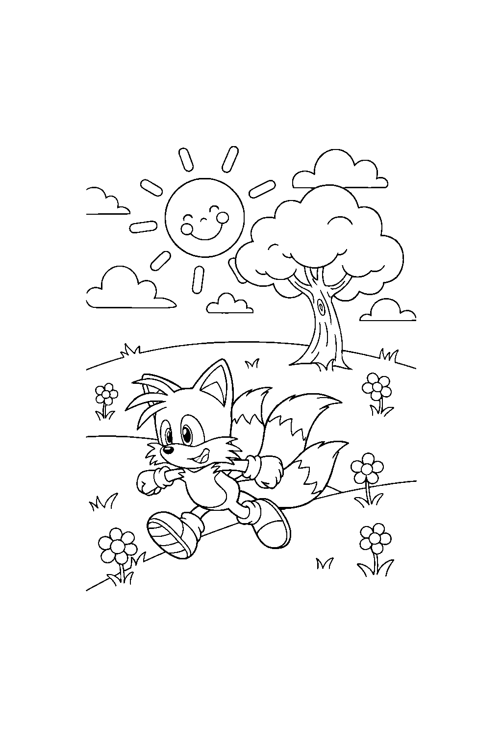 tails walking happily in a sunny hill zone line art