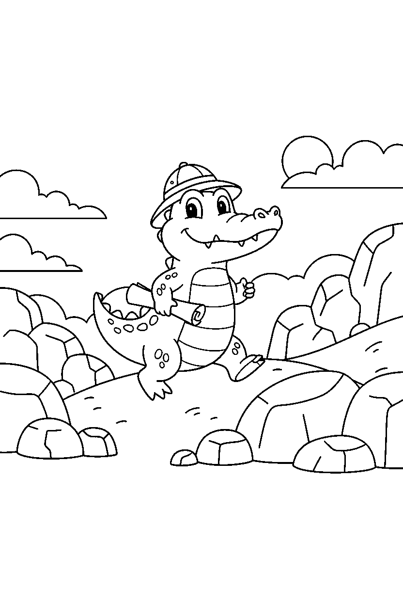 vector the crocodile exploring happily on a rocky hill line art