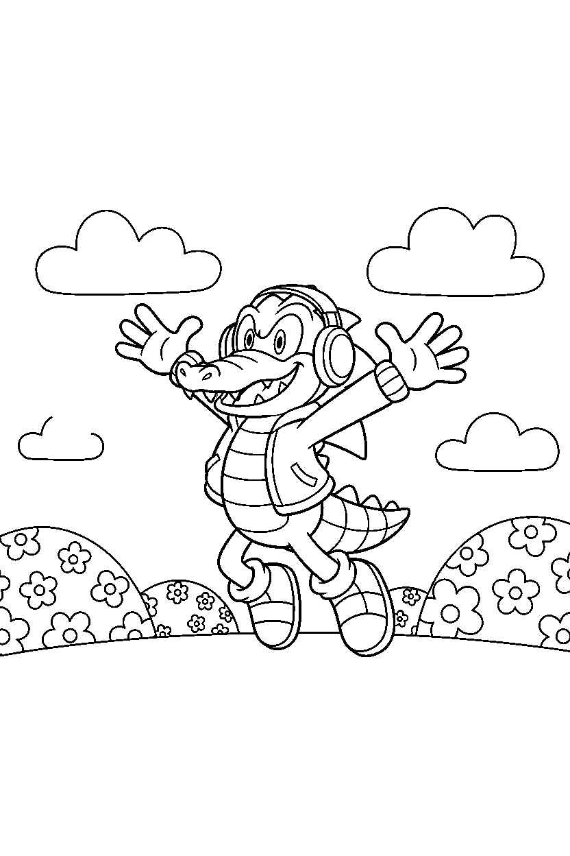vector the crocodile from sonic the hedgehog series jumping with joy in a sky meadow line art