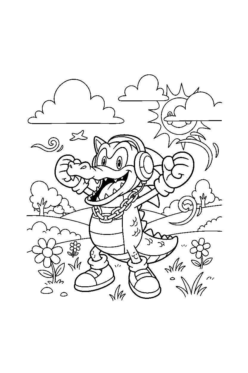 vector the crocodile from sonic the hedgehog series looking excited in a breezy meadow line art