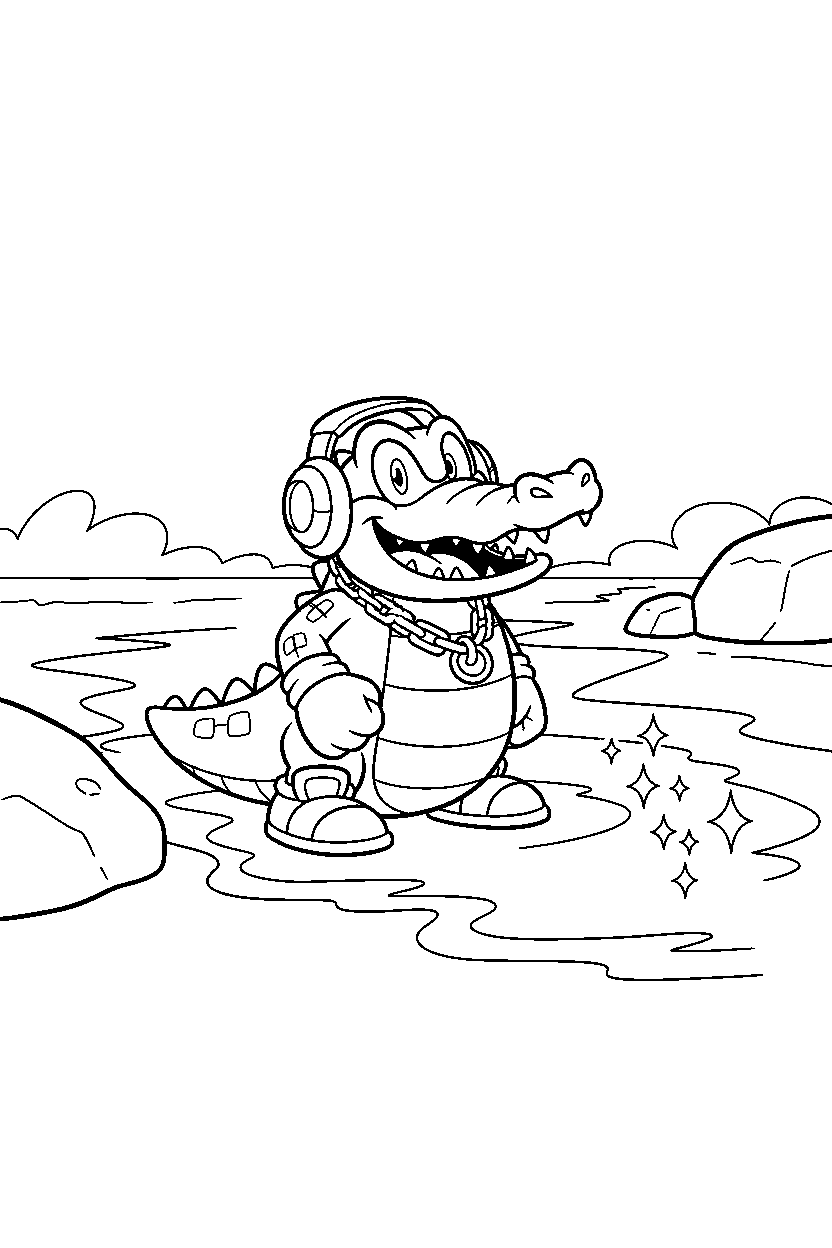 vector the crocodile from sonic the hedgehog series looking happy near sparkling water line art
