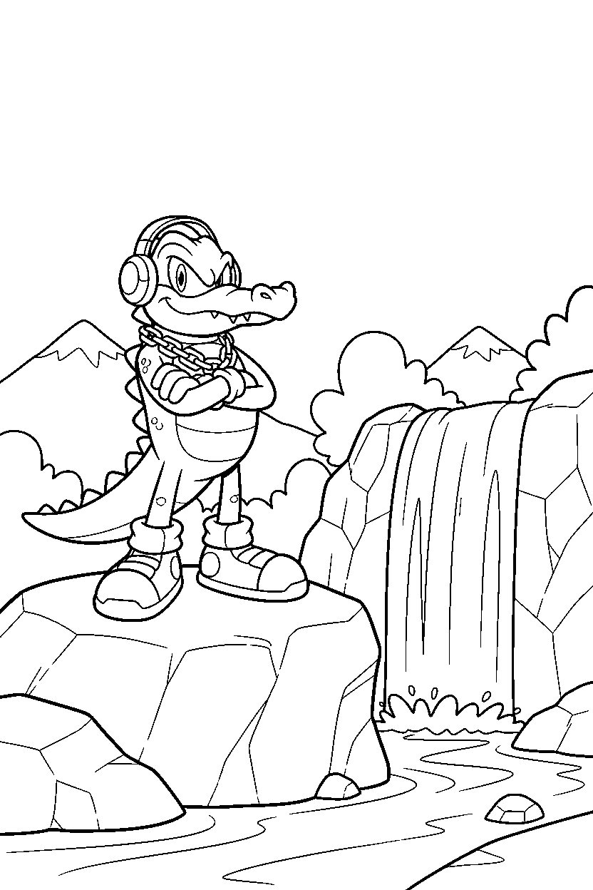 vector the crocodile from sonic the hedgehog series posing proudly near a waterfall line art