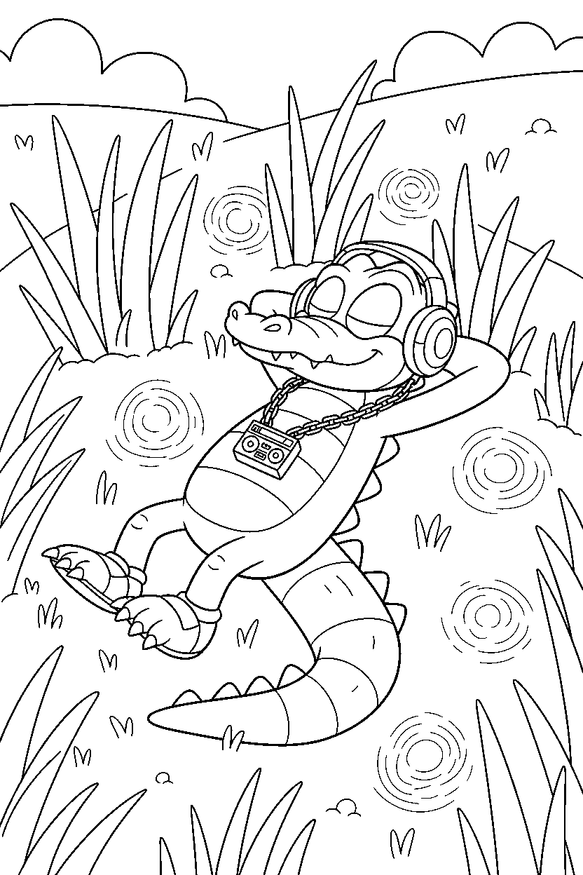 vector the crocodile from sonic the hedgehog series relaxing peacefully in a glowing grassland line art