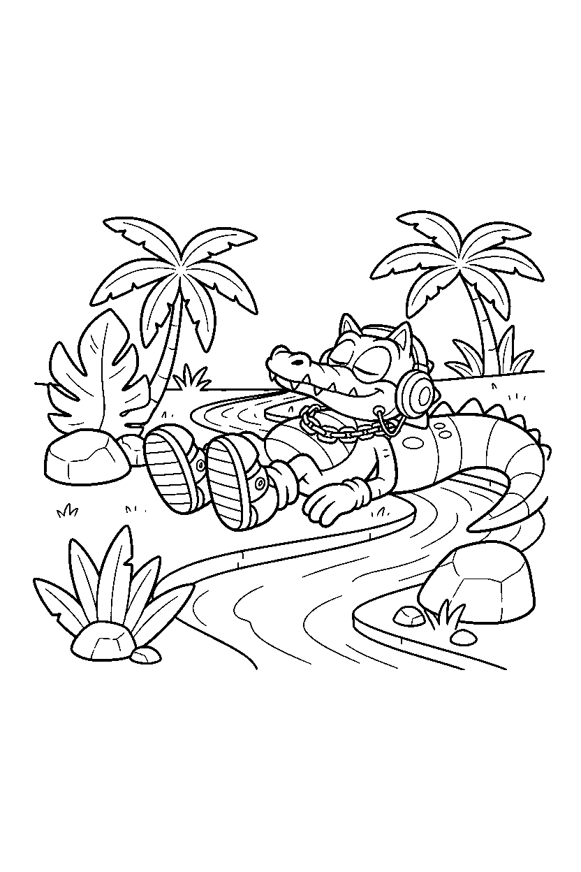 vector the crocodile from sonic the hedgehog series resting peacefully near a jungle river line art