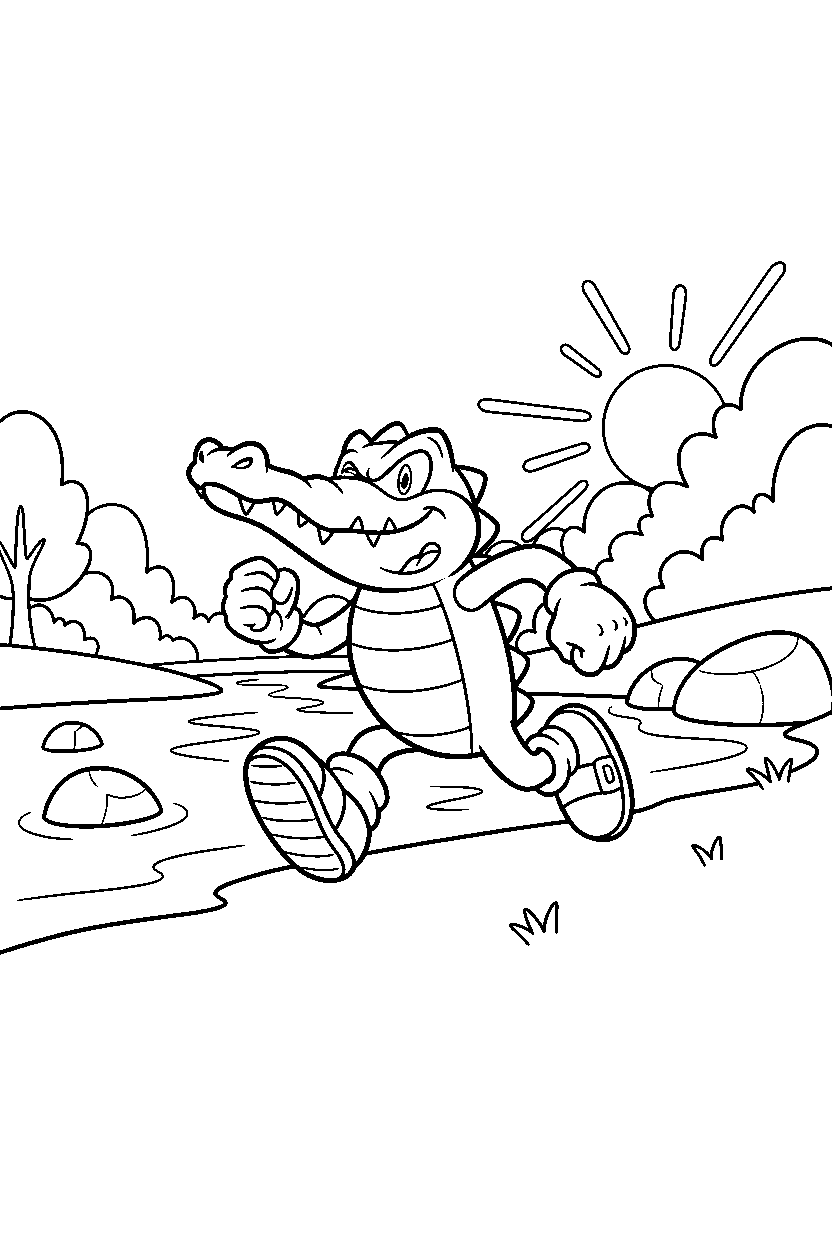 vector the crocodile from sonic the hedgehog series running happily near a peaceful riverbank line art
