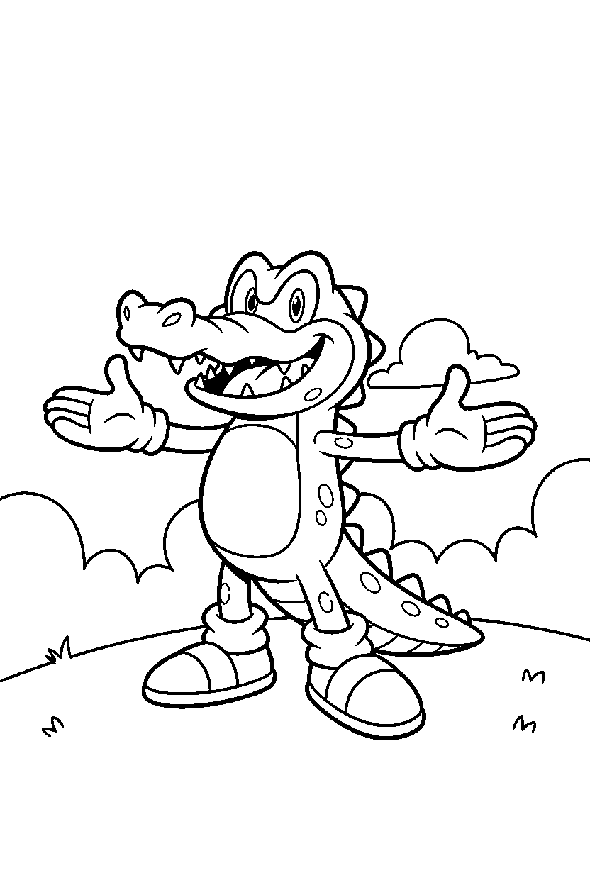 vector the crocodile from sonic the hedgehog series smiling happily on a soft grassy hill line art