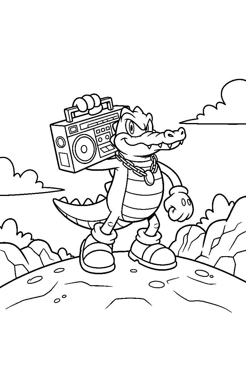 vector the crocodile from sonic the hedgehog series walking proudly on a rocky hill line art
